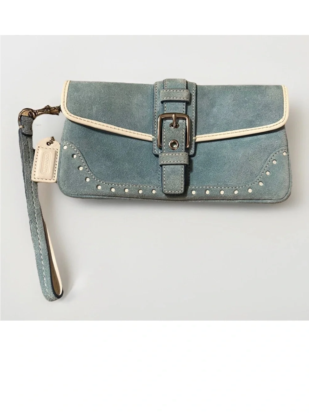 Coach Hamptons Satchel/Wristlet Set, Baby Blue Suede, White Leather Trim VINTAGE